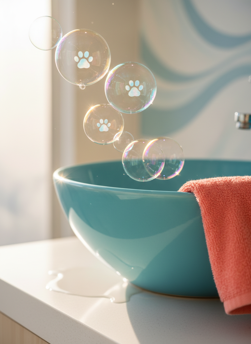 A whimsical close-up of sparkling soap bubbles reflecting a rainbow of colors, some with tiny cartoon-like paw prints inside, floating above an aqua blue spa basin. The basin is styled with rounded edges and a bright coral-colored towel draped nearby. Sunlight filters through, hitting the bubbles and casting iridescent highlights onto the glossy surface of the basin and countertop. The atmosphere is playful and magical, suggesting cleanliness and fun. Shot from a low angle with a shallow depth of field, the bubbles are crisp while the background is artistically blurred, reinforcing a vibrant, energetic, photographic aesthetic unique to the spa’s signature look.