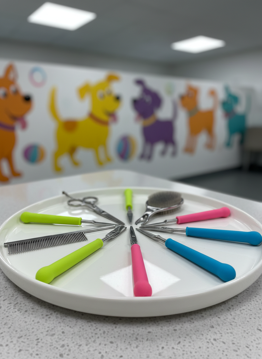 A close-up of a set of high-quality, stainless steel grooming tools with ergonomically rounded, colorful rubber handles in neon green, hot pink, and electric blue, neatly arranged on a glossy, circular grooming tray. Behind the tray, there is a blurred backdrop of vivid wall murals depicting joyful, cartoon-style dogs. Bright artificial overhead lighting highlights the sheen of the tools and creates lively reflections. The mood is dynamic and professional, yet fun. Captured with a shallow depth of field from a slightly elevated angle, the composition spotlights the tools’ modernity and approachability. The photographic realism supports the spa’s image as both expert and playful.